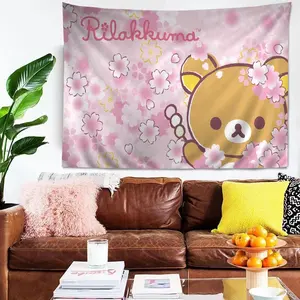 Kawaii Rilakkuma Bear Anime Tapestry Wall Art, Cute Hippie Flower Boho Wall Hanging, Coquette Room Decor Banner, Japanese Y2K Girls Bedroom Dormitory Decor Background