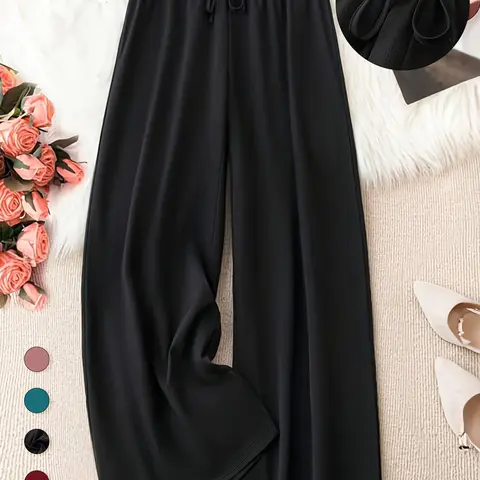 Plus Size Solid Knot Front Elastic Waist Wide Leg Pants, Casual Loose Trousers for Daily Wear, Women's Bottoms for Spring & Summer, Summer Outfits 2024