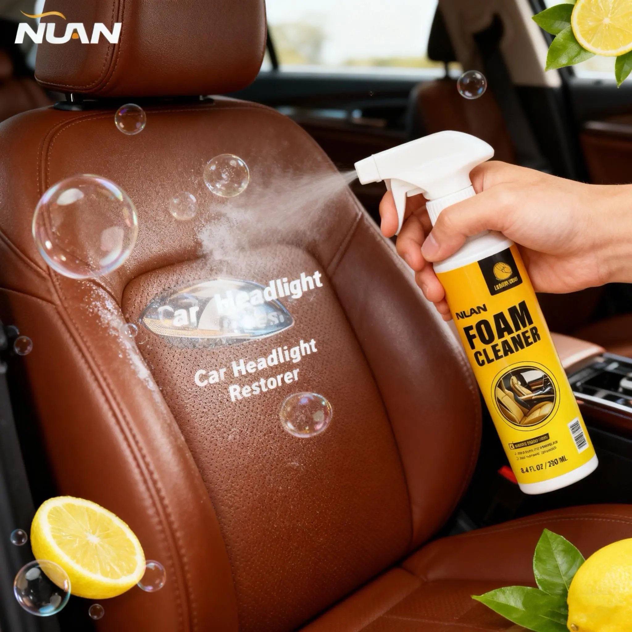 NUAN Multiuse Foam Cleaning Spray - Non-Toxic All-Purpose Cleaner, 6.2 fl oz Leather Car Seat Cleaner, Car Cleaner Interior for Safe Refresh of Plastic Interiors, Headliners