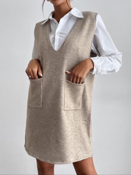 Women's V Neck Knit Vest Dress, Dual Pocket Design, Preppy Style or Light Vintage Look, Youthful Fashionable
