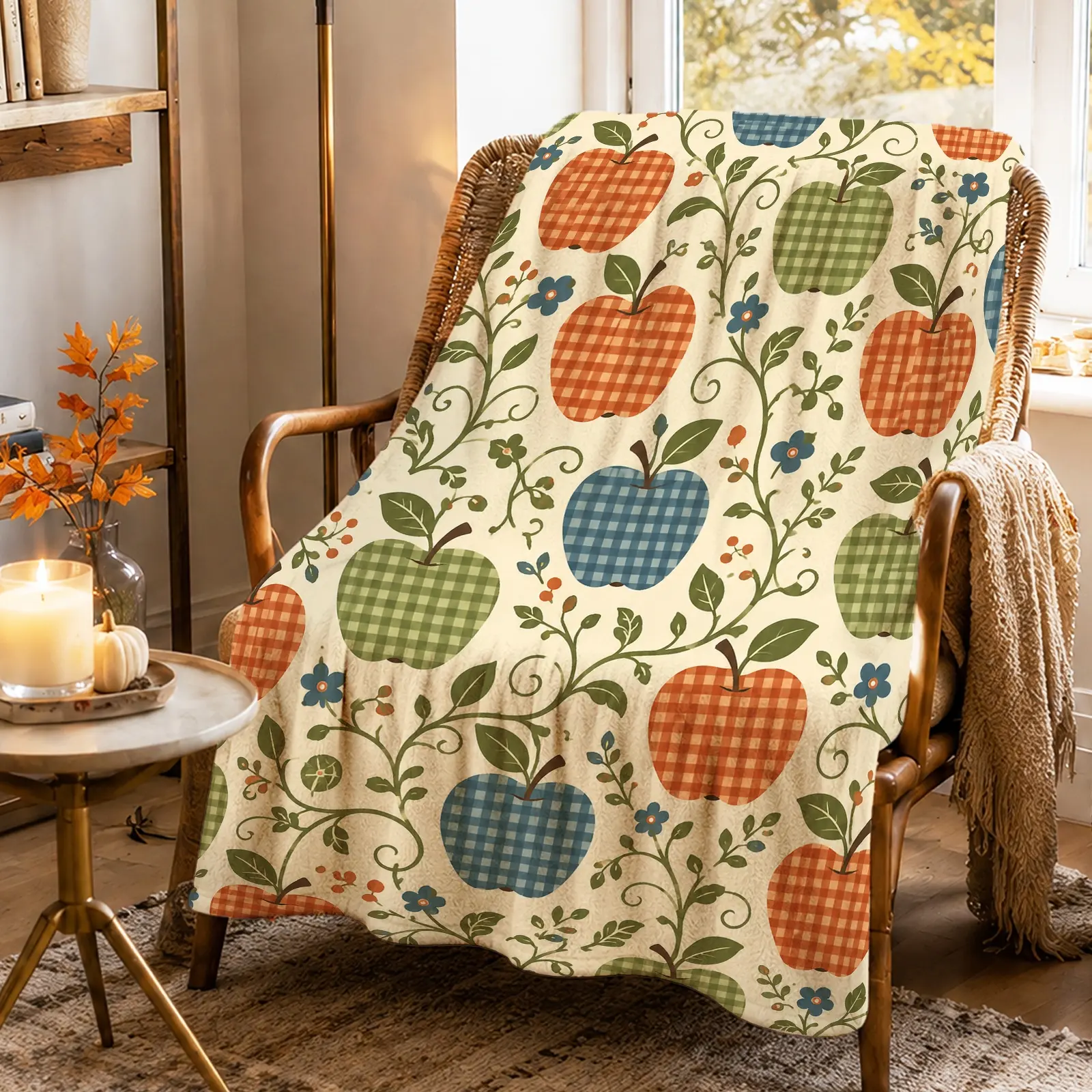 1pc Apple Floral Gingham Blanket, Vintage Farmhouse Style, Charming All-Over Apple Design with Colorful Floral Accents, for Living Room Bedroom Reading Corner and Teacher Appreciation Gift