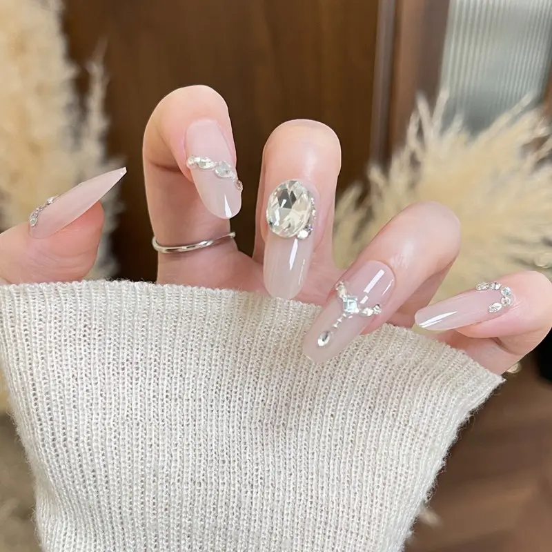 10 Pcs Oval Press-On Nails, Clear Rhinestone Fake Nails, Smooth Surface, Easy Application, Reusable, Includes Jelly Glue and File