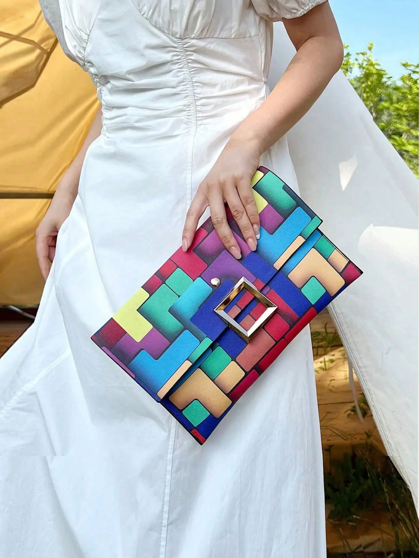 Vibrant Multi-Color Block Geometric Pattern Envelope Clutch Handbag with Square Gold Hardware, Women Party Evening Wallet Purse Phone pouch, Perfect Match for Dresses, Formal Gowns, Wedding Outfits, Night Club and Date Looks