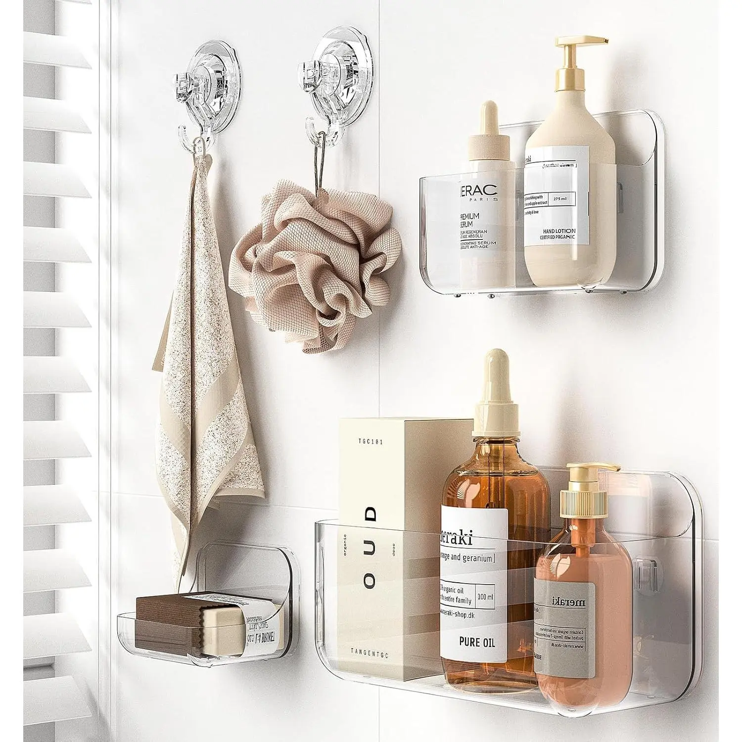 Shower Shelves 5 Pack Clear Acrylic Bathroom Organizer Caddy | Large Capacity, Adhesive Shower Caddy with Soap Holder and Hooks, Waterproof and Rustproof, Multiple Drainage Holes
