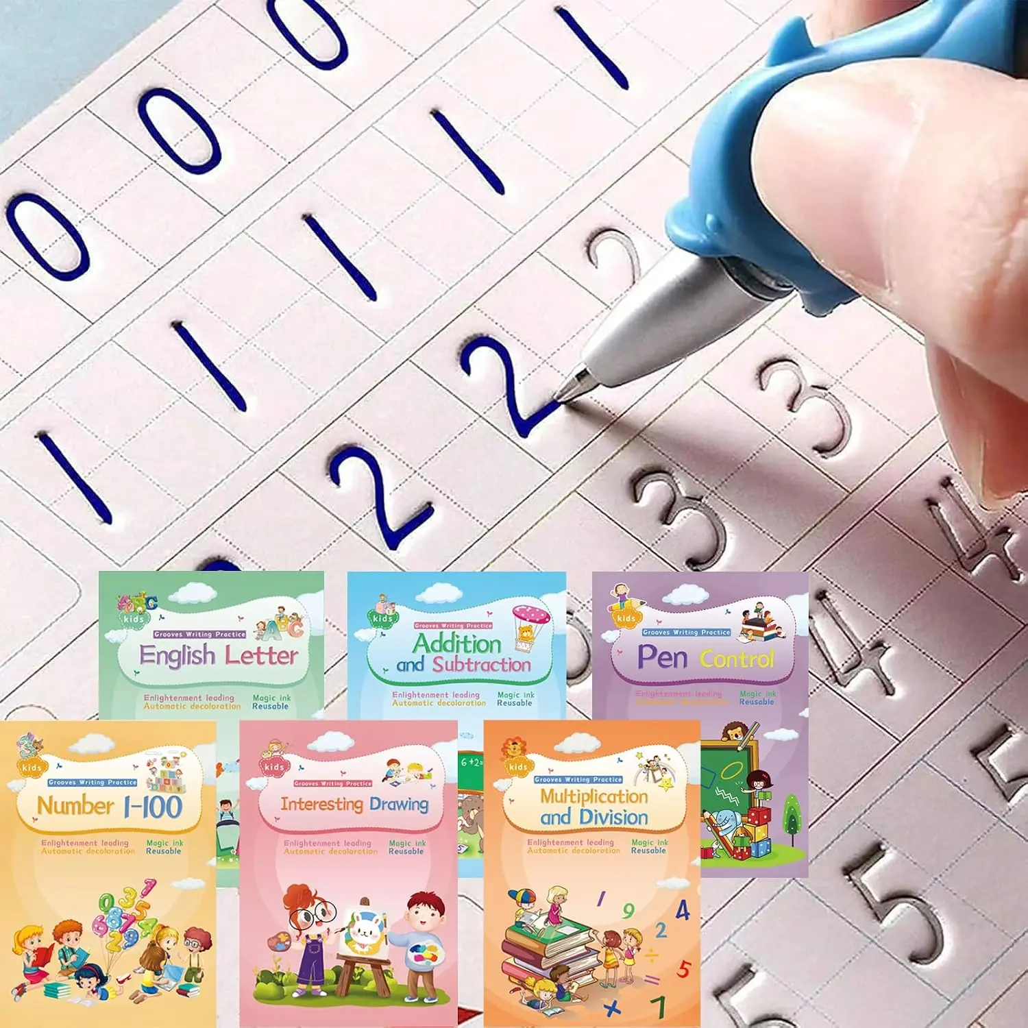 Magic Handwriting Workbooks for  -  Grooved Tracing Copybook with Auto-Fading Ink & Grip Aid to Correct Pen Posture (6-Book Set,  &  Prep)