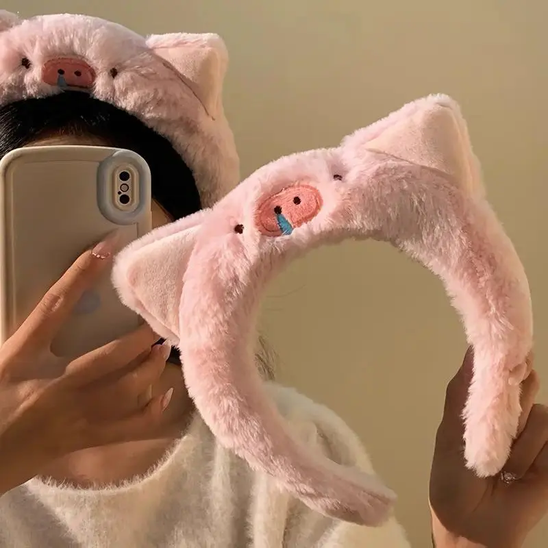 Cute Pink Pig Plush Headband, Soft Fluffy Spa Hair Band with 3D Cartoon Design for Women, Cutecore Teen Girl Skincare Gift, Teen Girl Gifts