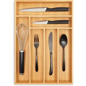 Kitchen Drawer Organizer Tray - 17 x 11.75 x 1.75 in, Natural Wood, 6-Slot Utensil & Cutlery Organizer - Silverware Holder & Storage Tray