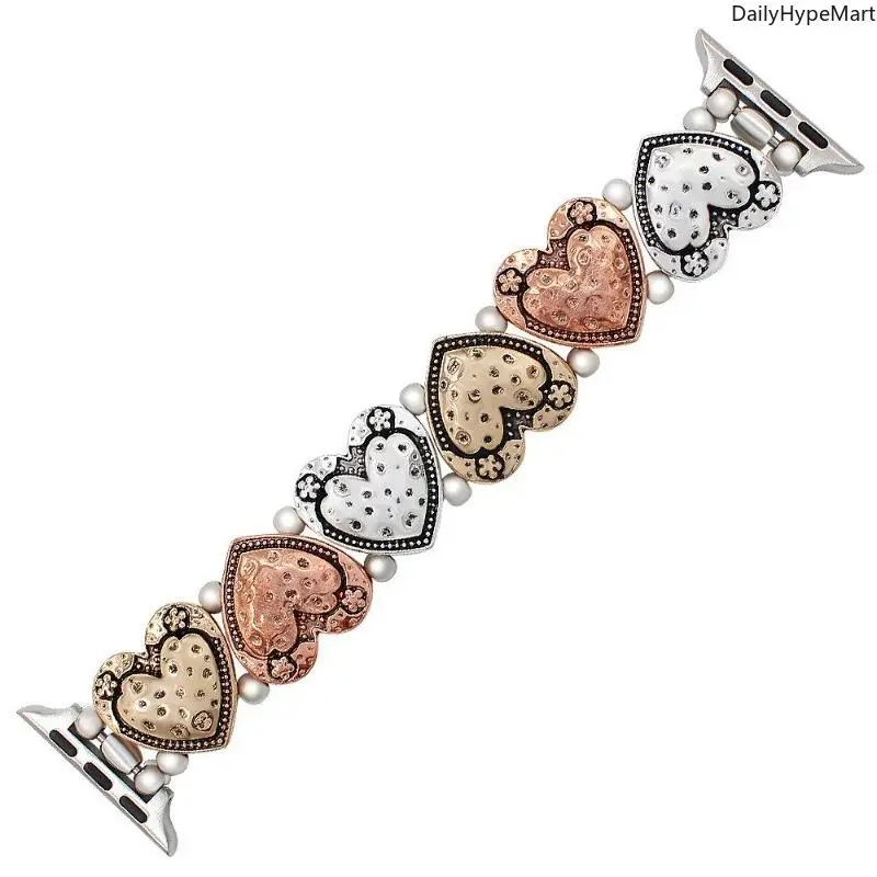 Retro Heart Pattern Stretch Bangle Watch Band, Elastic Replacement Strap, Women Daily Vintage Wrist Accessory