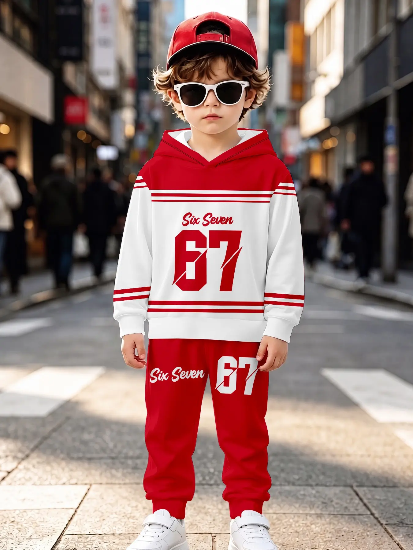 Patchwork 67 Number Stripe Kids Hoodie Set, Boy's Six Seven Letter Colorblock Sweatshirt and Pants Two-Piece Set
