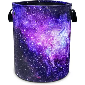 Pink Purple Galaxy Laundry Basket Universe Starry Sky Foldable Oxford Cloth Funny Tote Bag Laundry Hamper Clothes Storage Bucket Organizer For Bathroom/Laundry/Bedroom 18.9x16.5 In