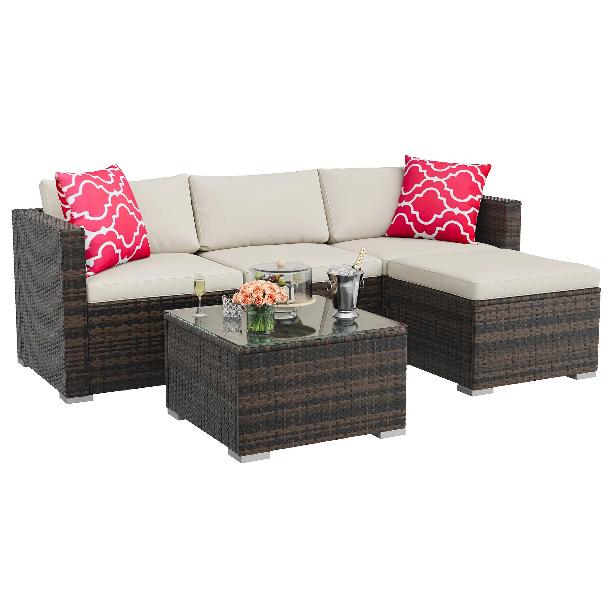 5-Piece Weatherproof Wicker Sectional Sofa Collection - Durable Rattan Set with Non-Slip Padded Cushions, Glass-Top Coffee Table, Footrest Ottoman, for Patio Relaxation, Poolside, Garden Use, Assembly Required