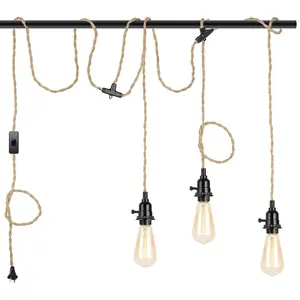 Vintage 3-Light Plug-in Hemp Rope Pendant Hanging Lamp with 22ft Cord, Suitable for Kitchen Island, Living Room, Bedroom