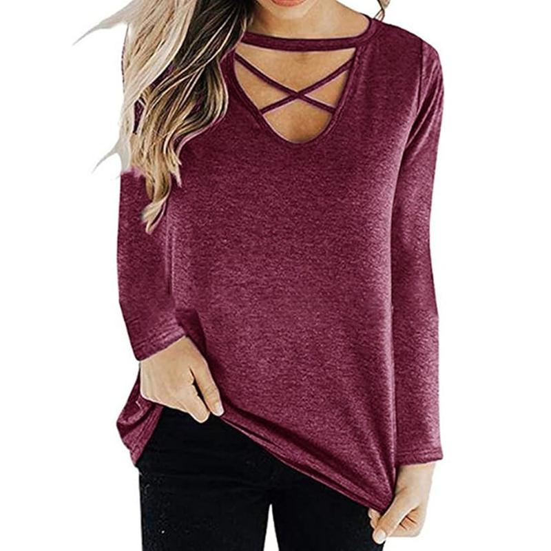 Women's Elegant Long Sleeve T-Shirts Loose Fit Criss Cross V Neck Blouse, Comfortable Plain Tunic Top for Fall and Winter Office Wear