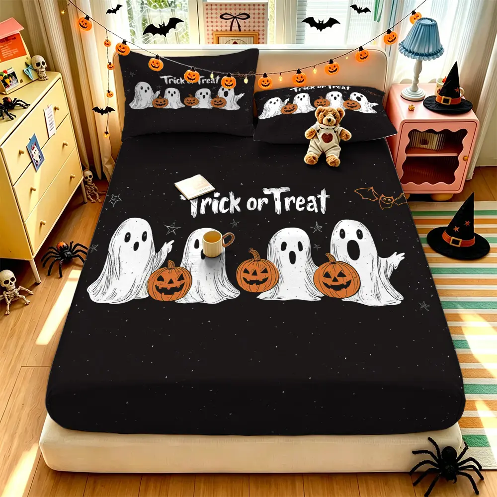 (1 fitted sheet + 2 pillowcases, no filler),Halloween White Ghost Pattern,Machine washable fitted sheet bedding set crafted from safe soft fabric, ideal gift for friends, essential daily bedding for bedroom & dorm