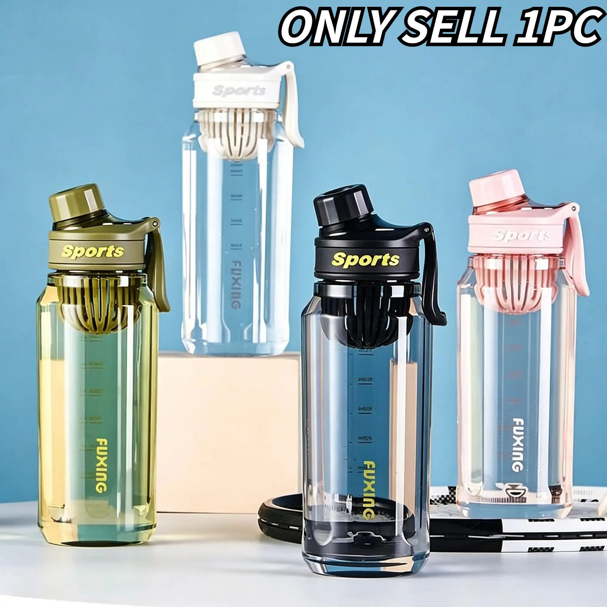 1000ML Sports Water Bottle with Scale, Portable Handle, Leak-Proof, Transparent Plastic, Ideal for Outdoor, Camping, Fitness, Gifts