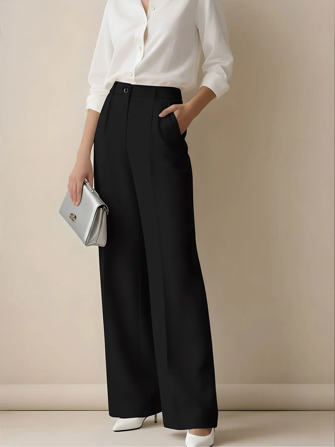 Women's High-Waisted Wide Leg Suit Pants, Loose Fit Slimming Office Commute Long Pants with Pockets, Elegant Business Wear