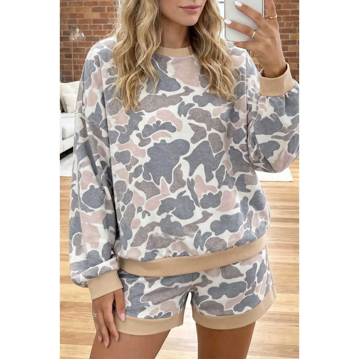 Multicolour Camouflage Patchwork Colorblock 2pcs Long Sleeve Top and Shorts Set