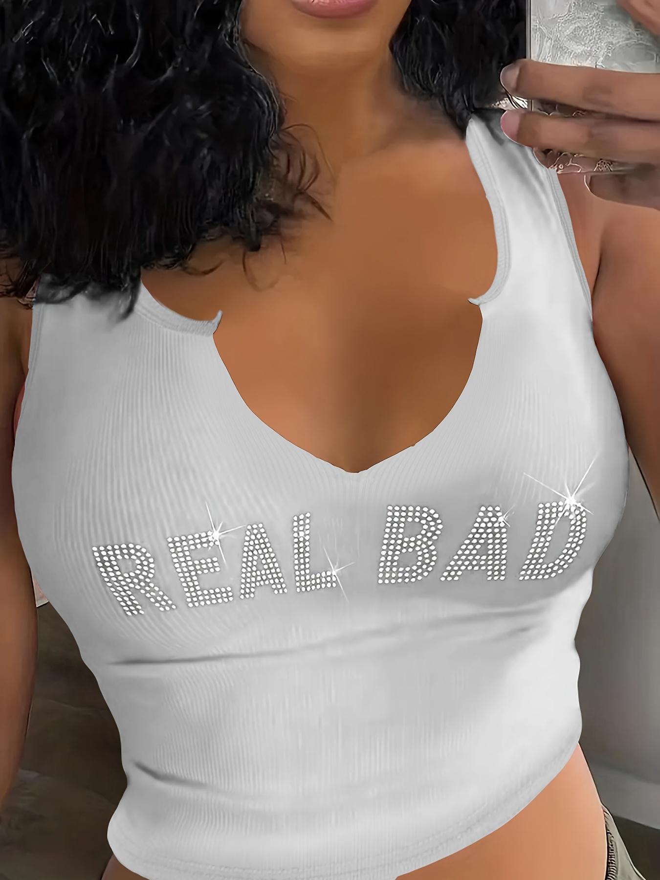 Women's Rhinestone Real Bad Letter Decor Notched Neck Crop Fitted Tank Top, Girly Clothes, Slim, Summer Clothes Women, Casual 2000s Y2k Skinny Streetwear Sleeveless Top, Summer Tops 2025, Downtown Girl Clothes