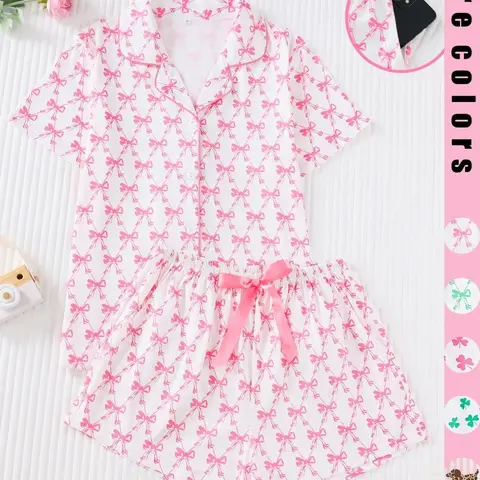 Women's Cute All Over Bow Print Two-Piece Pajama Set, Casual Pajama Sets, Pyjamas, Nightwear, Loungewear Pajamas, Soft & Smooth Fabric, Casual Fitted Style Loungewear, Comfortable Wear for All Seasons, Top, Pjs