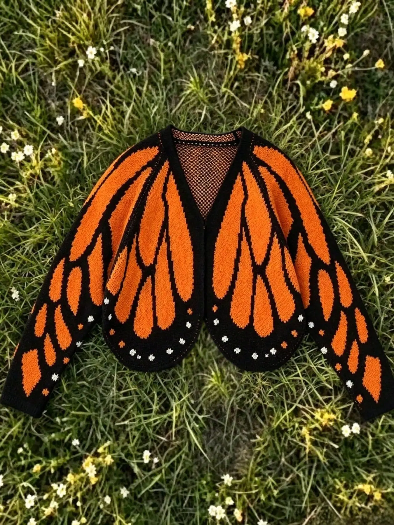A Women's Butterfly Wing Knit Cardigan, a Y2K-Style Cropped Unbuttoned Sweater with a Retro Print Long-Sleeved Overcoat, Suitable for Music Festivals, Everyday Parties, and More.