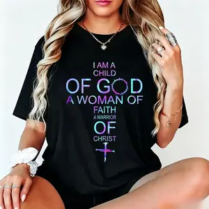 180g  Women's Christian Faith T-Shirt - "I Am a of God, A Woman of Faith, A Warrior of Christ" Inspirational Short Sleeve Round Neck Casual Tee with Geometric Print, Machine Washable