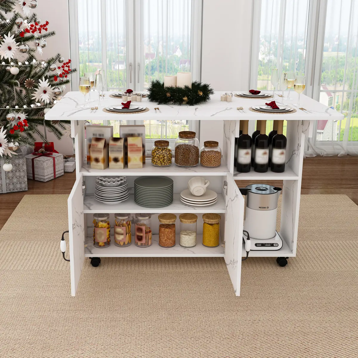 [Fahuac] Modern MDF Foldable 3-in-1 Convertible Dining Table - 47" with Storage Shelves, Wheels, for Small Spaces Kitchen & Office, White Desk