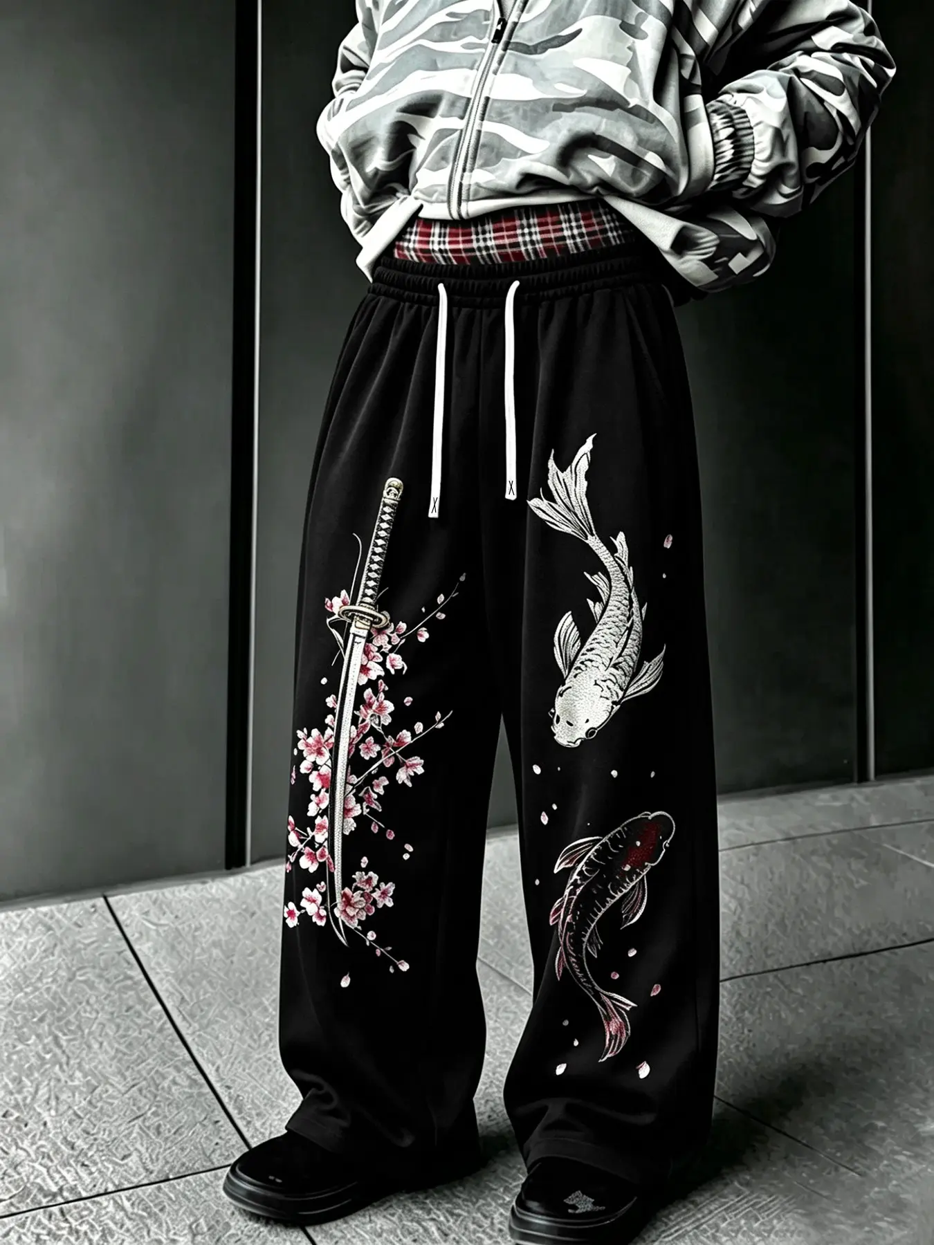 Men's Casual Long Pants, Koi Cherry Blossom Samurai Loose Fit, Plaid Waist Wide Leg Sports Pants, Japanese Streetwear Trousers
