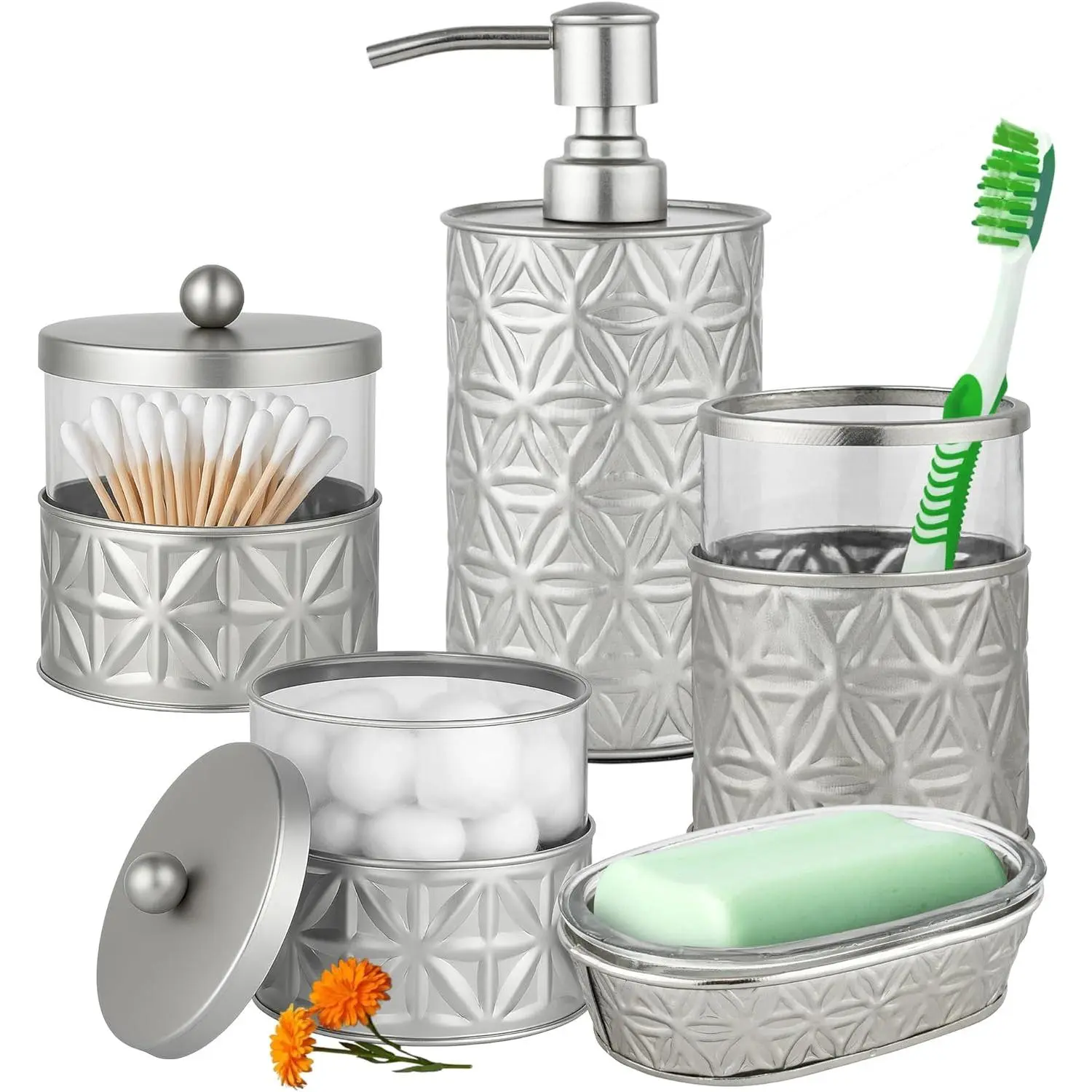 Autumn Alley Brushed Nickel Bathroom Accessories Set, 5 Piece Champagne Nickel Modern Bathroom Decor - Soap Dispenser, Toothbrush Holder, 2 Apothecary Jars, Soap Holder, Farmhouse Bathroom Décor
