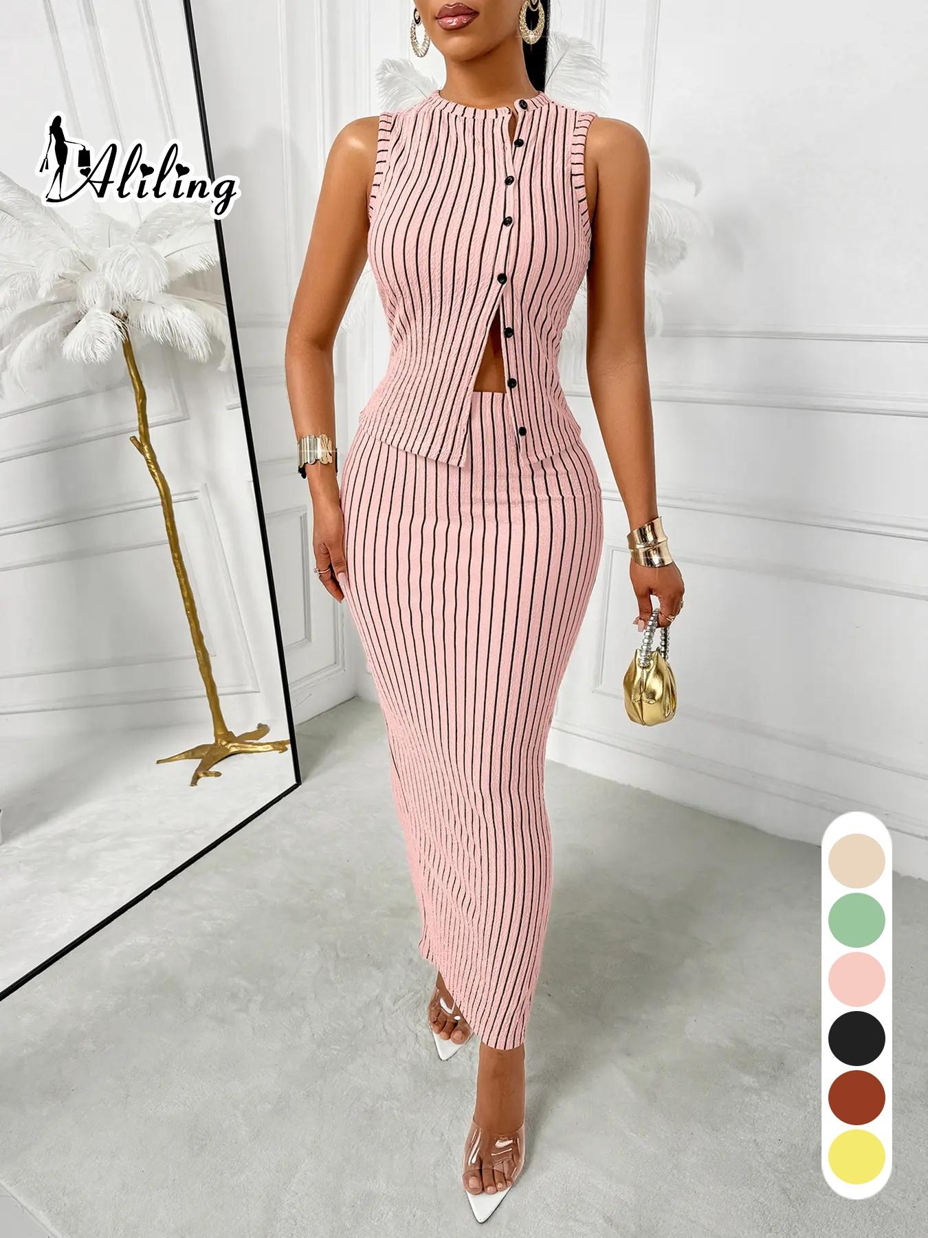 Aliling Striped Print Women's Two Piece Set Tank Top And Skirt Suit Slim Skinny High Waist Midi Long Skirt,Casual Sleeveless Button Vest Tops,Female Elegante Clothes Daily Wear