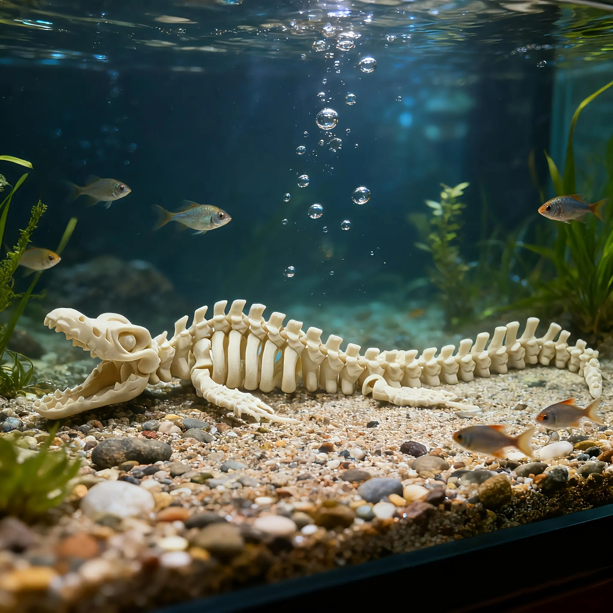 Large Mosasaur Skeleton with Fins, Hand-Painted & Fade-Resistant, Fish Tank Ornament, Dinosaur Bone Sculpture for Shelf & Desk