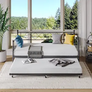 Twin Metal Daybed with Trundle, Heart-Shaped Day Bed Frame with Steel Slat Support, Space-Saving Sofa Bed for Bedroom, Guest Room & Living Room