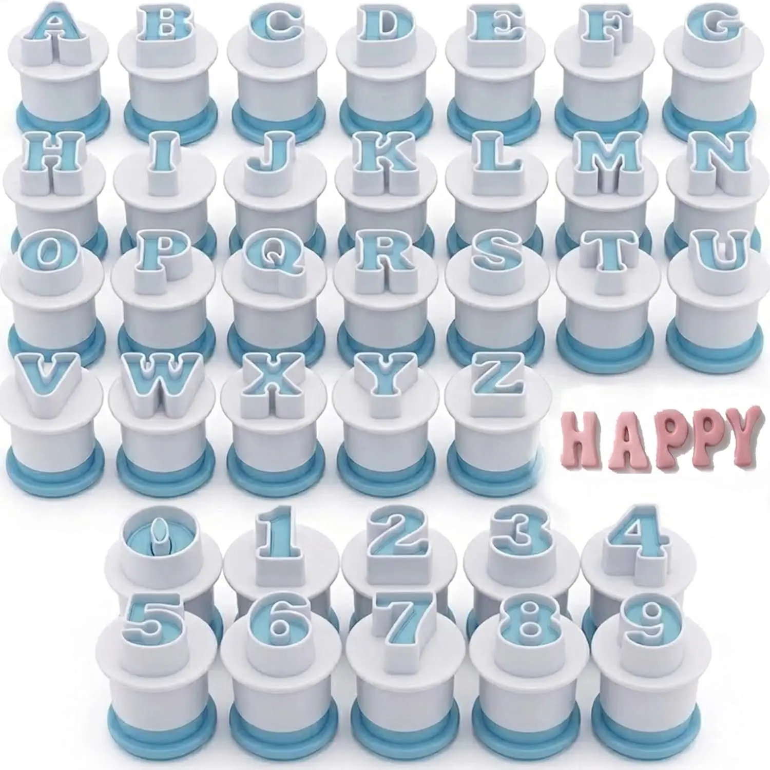 Blue Plastic Alphabet Cookie Set (36-Count Bakeware) - 26 Uppercase Letters & 10 Numbers Fondant Plunger, Edible Names Cake Biscuit Mold, DIY Cake Decorating Tools