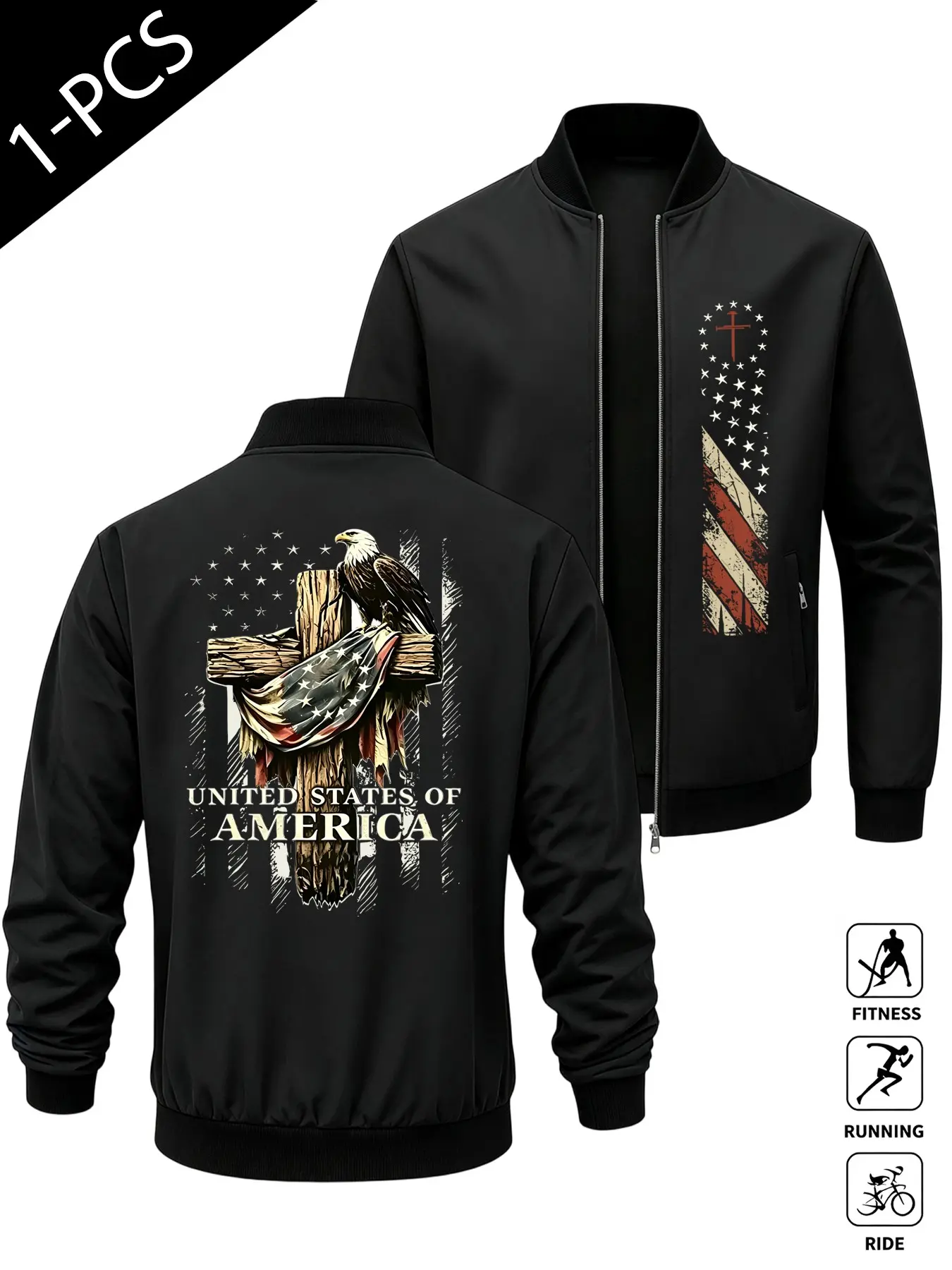 Men's American Flag Cross Print Lapel Baseball Flight Jacket, Casual Sporty Fit, Spring & Fall Outerwear, Outdoor Daily Wear