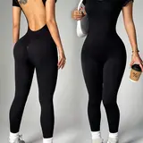 【Biack Friday】Women's U-Back Sporty Jumpsuit, Long Sleeve Plain Surface, Above Ankle Unlined, Ideal for Yoga & Casual Wear, 4 Color Options, Tight Fitting Jumpsuit