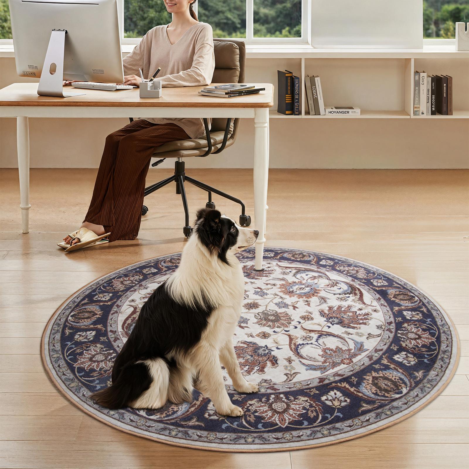 Retro round carpet, non slip low plush round carpet for living rooms and daycare, Bohemian printed indoor carpet