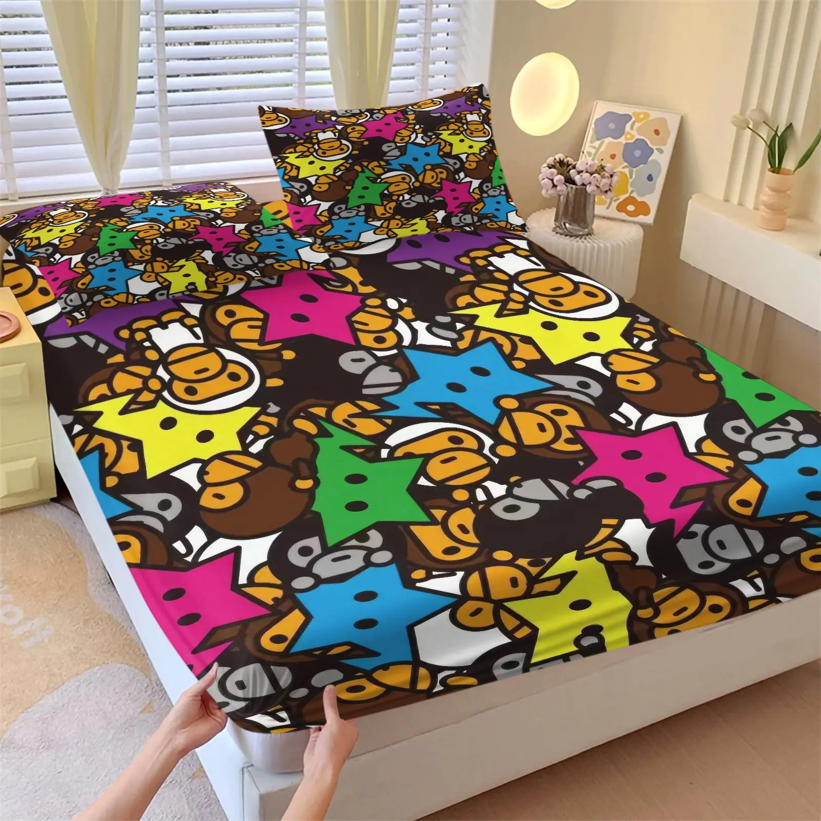 APE Colorful Cartoon Ape Star Fitted Sheet Set, 1 Bed Sheet + 2 Pillowcases, Cartoon Monkey Smiling Face Star Bow Print Bedding, Elastic Binding Deep Pockets, Street‑Playful Teens Bedroom Kids Room Decor