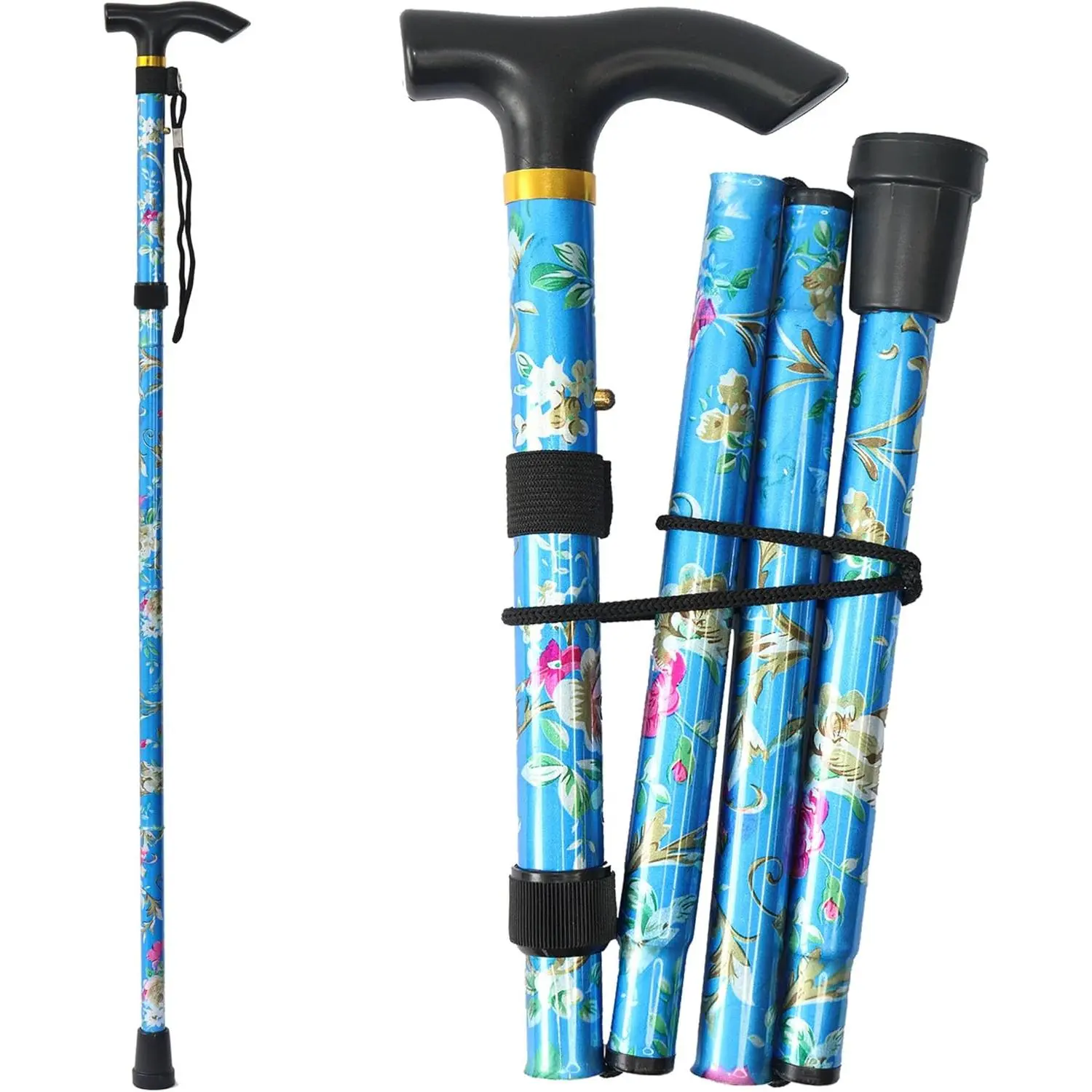 Folding Canes for Men and Women, Floral | 5-Level Adjustable Height, Lightweight Collapsible, Aluminum, Wrist Strap, T Handle, Walking Sticks for Seniors Adults