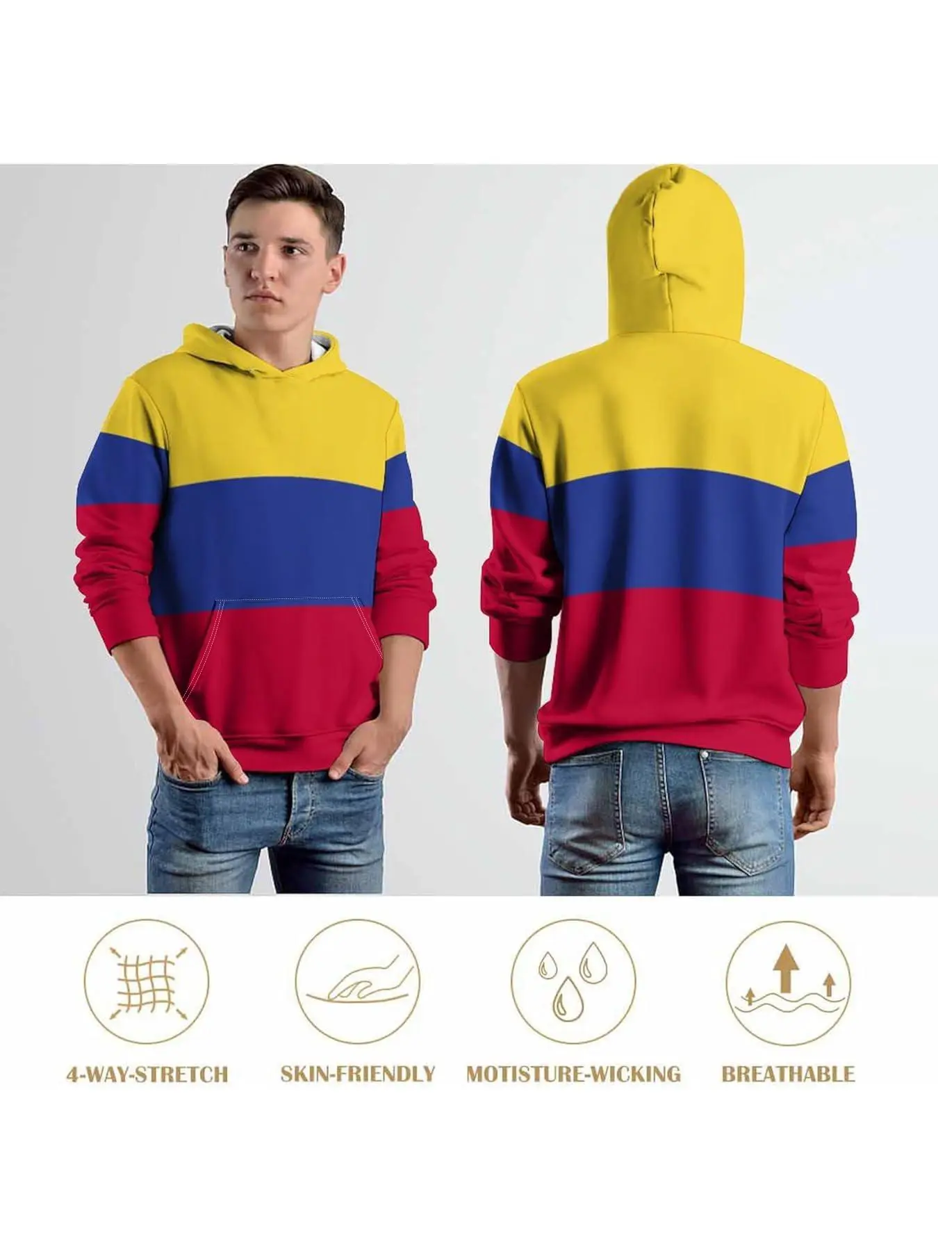 Men's Colombia Flag Long Sleeve Hoodie, Four Seasons Warm Pullover with Front Pocket, Soft Blue Hooded Sweater, Fashion Casual Sweatshirt, Casual Festive Streetwear Sweatshirts Tops S-Xxxl