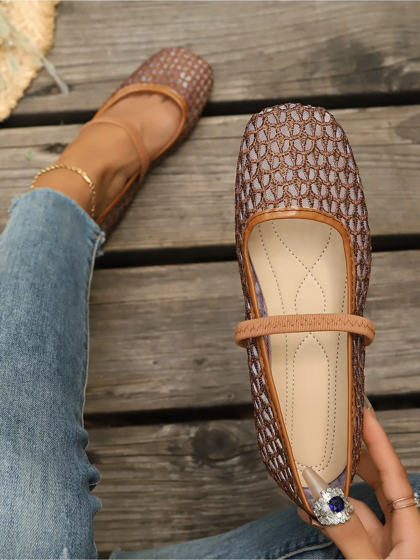 Summer Hollow Woven Mesh Mary Jane Shoes, Square Toe Single Strap Soft Sole Breathable Casual Flats For Women, Casual Flat Footwear