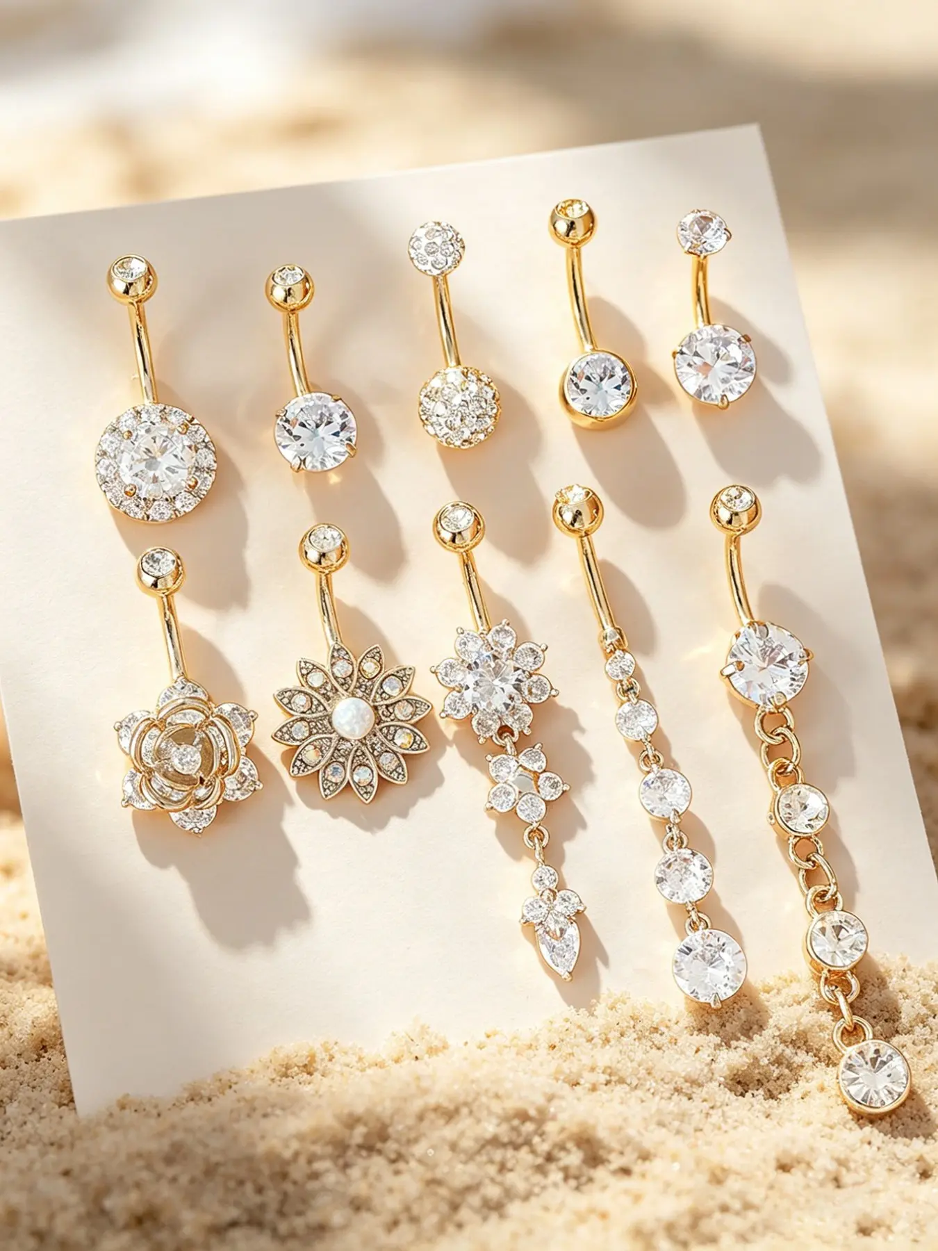 Women's Floral Long Pendant Belly Ring Set, Belly Button Rings, Fashion Luxury Micro-Inlaid Jewelry for Daily Wear & Party