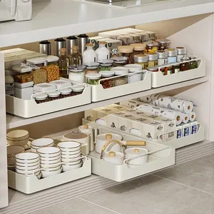 No Drill Pull Out Cabinet Organizer, Extendable Telescopic Sliding Shelf, 20×43×7cm White Storage Drawer for Kitchen Cupboard Pantry Bathroom