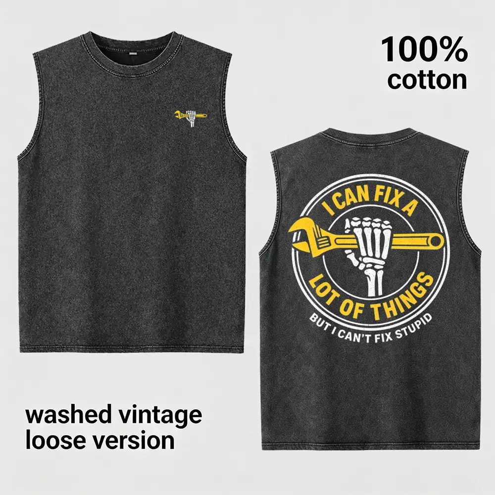 Vintage Washed "I Can't Fix Stupid" Mechanic Tank Top | Men's Loose Fit 100% Cotton Muscle Shirt Funny Blue Collar Skull Streetwear Charcoal Grey