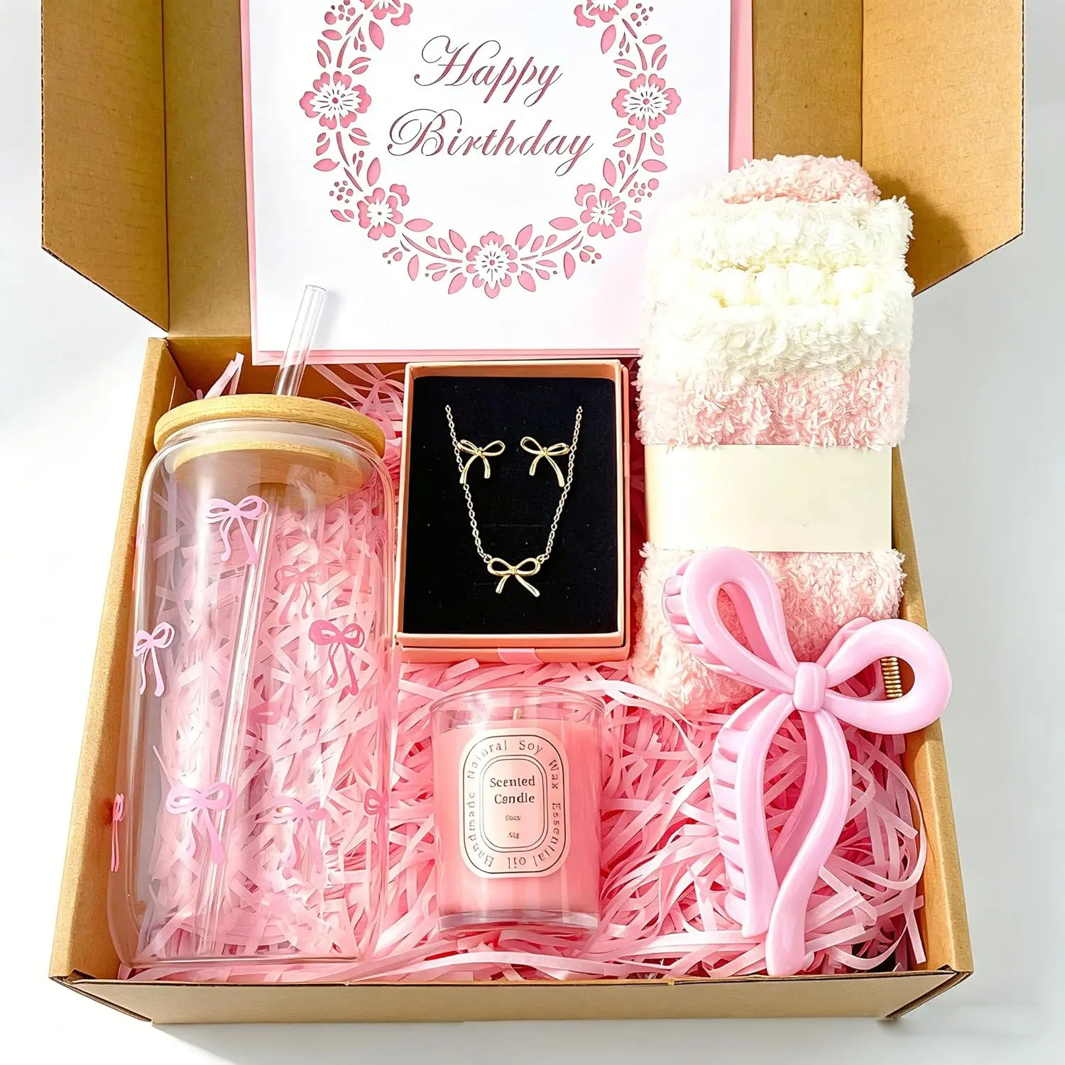 Birthday Gifts for Women,Teen Girls, Her, Happy Birthday Unique Trendy Stuff Gift Box Basket for Mom, Sister, Daughter, Friends, Wife, Cute Coquette Pink Bow Glass Cup Gifts Set 7 Pcs