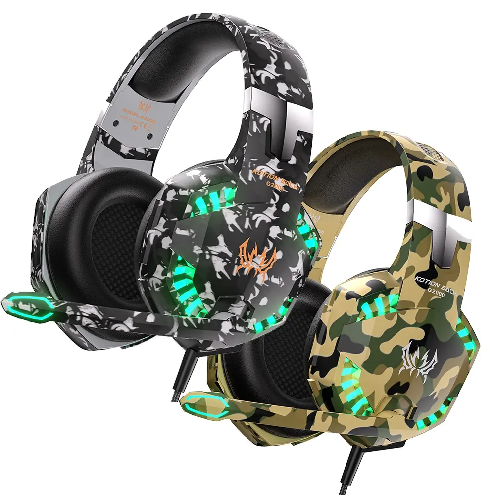 G2000 Camouflage Gaming Headset, Wired Gaming Audio Headphones, Noise Cancelling Over-Ear Headphones with Microphone, LED Lights, 7.1 Surround Sound, Soft Memory Foam Earcups, Gaming Accessory