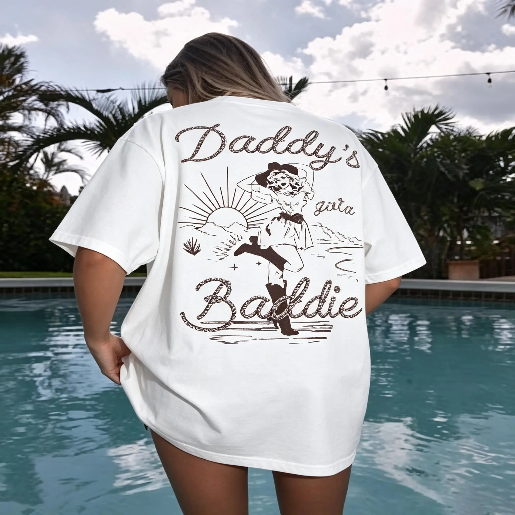 Double Sided Vintage Cowgirl Daddy’s Gotta Baddie Western Graphic T-Shirt, Womens Oversized Pool Casual Tee, 100% Cotton Printed Craft SummerVibes Top, Relaxed Soft Breathable womens summer clothing