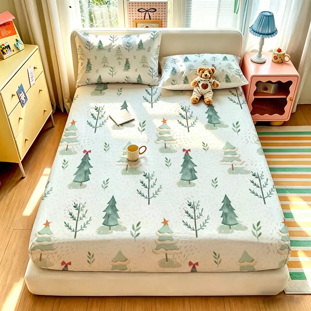 (1 fitted sheet + 2 pillowcases, no filler),Winter Christmas Pine Tree Pattern,Fitted Sheet 3-piece bedding set made of soft comfy polyester, machine washable without deformation, great bedding supplies for bedroom and dormitory use