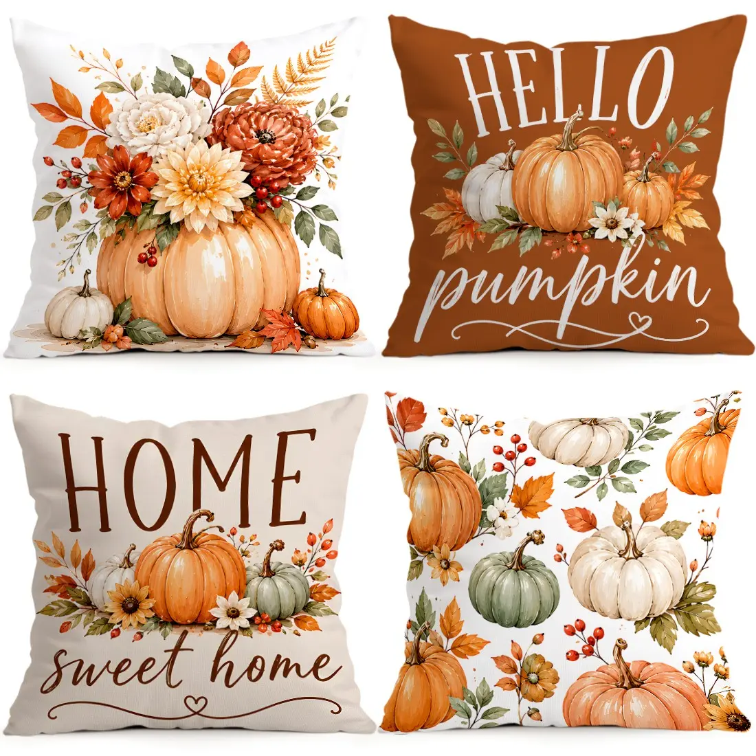 4pcs Warm Pumpkin Theme Home Text Design Cushion Covers, Pumpkin Patterns, Single-Sided Print, Living Room Bedroom Decor, All-Seasons, No Inner Pillow Insert