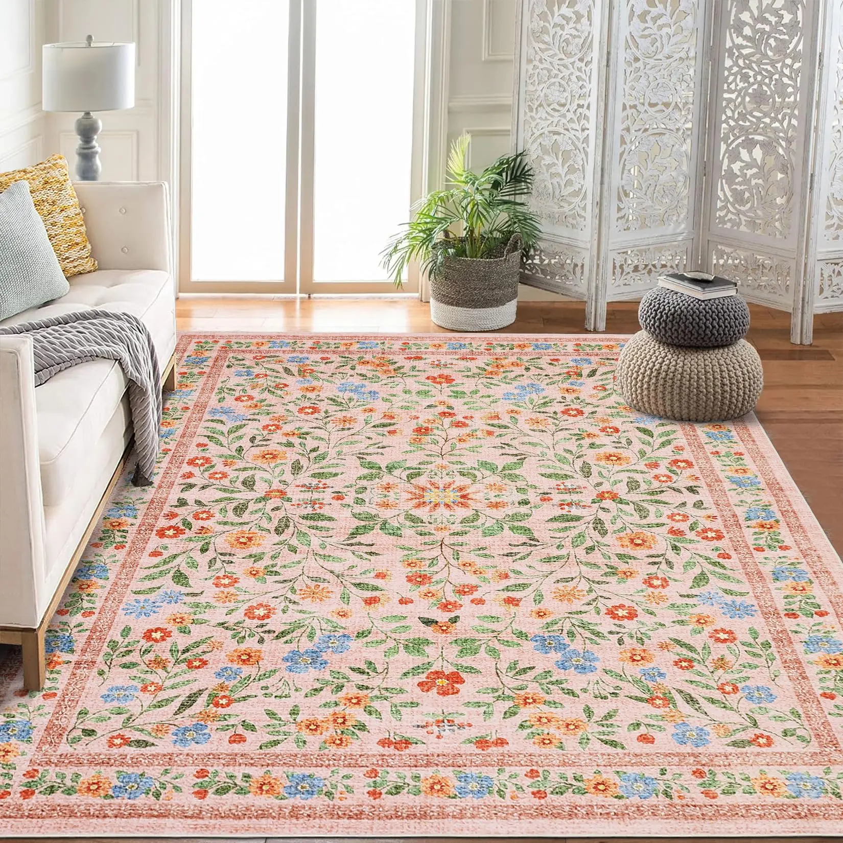 5x7 Washable Area Rug, Modern Black Printed Pearl Velvet Carpet, Foldable Soft Rug for Living Room Bedroom Office