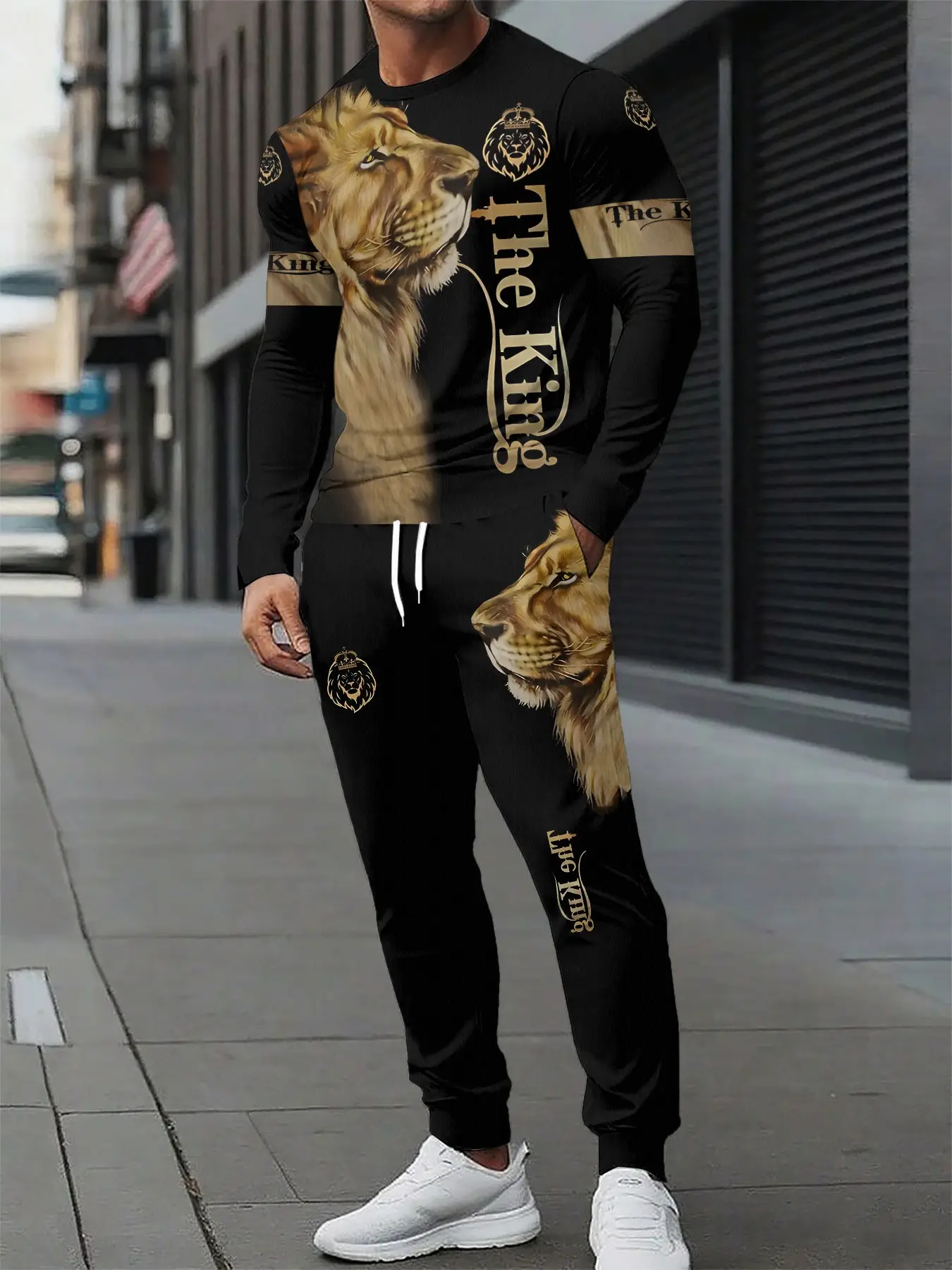 Lion Pattern Men's Casual Sport Set, Long Sleeve Sweatshirt + Ankle Pants, Fashion Graphic Two-Piece, Spring & Fall Wear, Casual Sportswear Set, Graphic Tracksuit Set, Casual Athletic Clothing