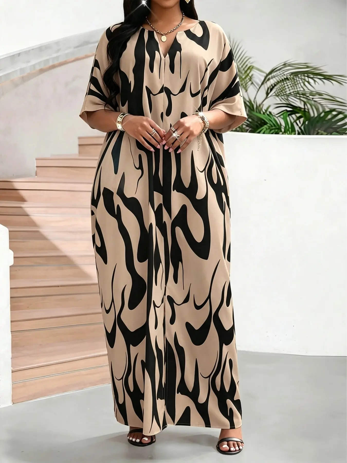 Women's Middle Eastern Muslim Robe, Modest Muslim Clothing, Summer Casual Comfort Notched-Neck Loose Split Hem Modest Style Tunic Dress, Stylish and Relaxing Clothes for Beach and Vacation